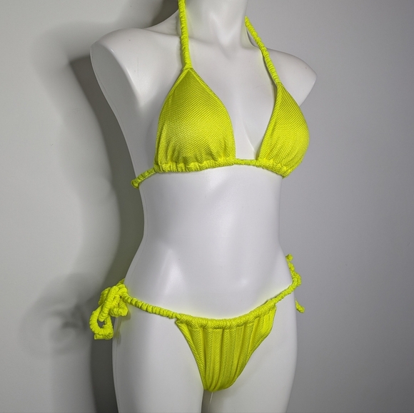 Aerie Neon Yellow Scrunch Strap Tie String Triangle Bikini S/M - Picture 4 of 8